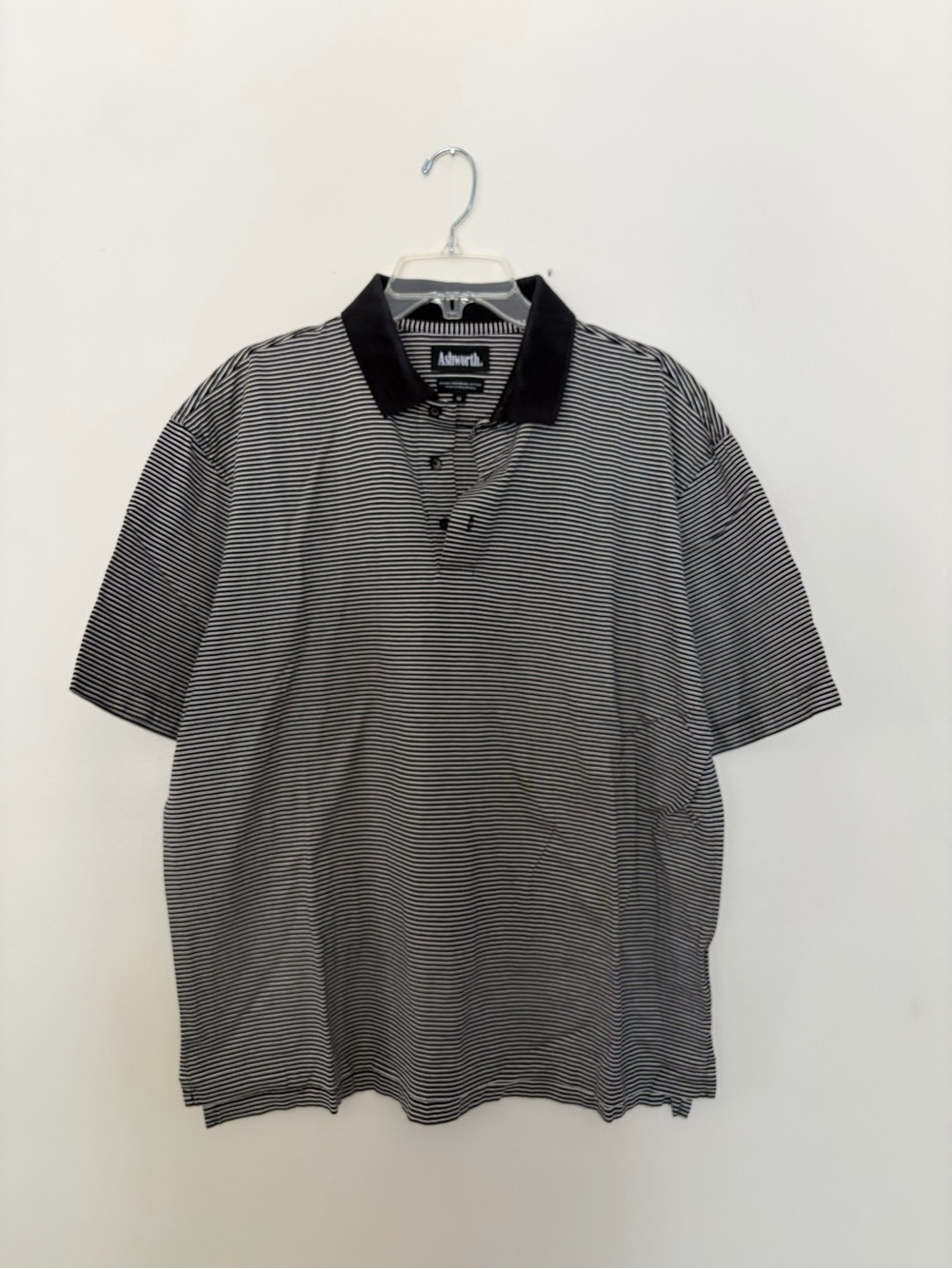 Ashworth Black and White Micro-Striped Polo with Contrast Collar